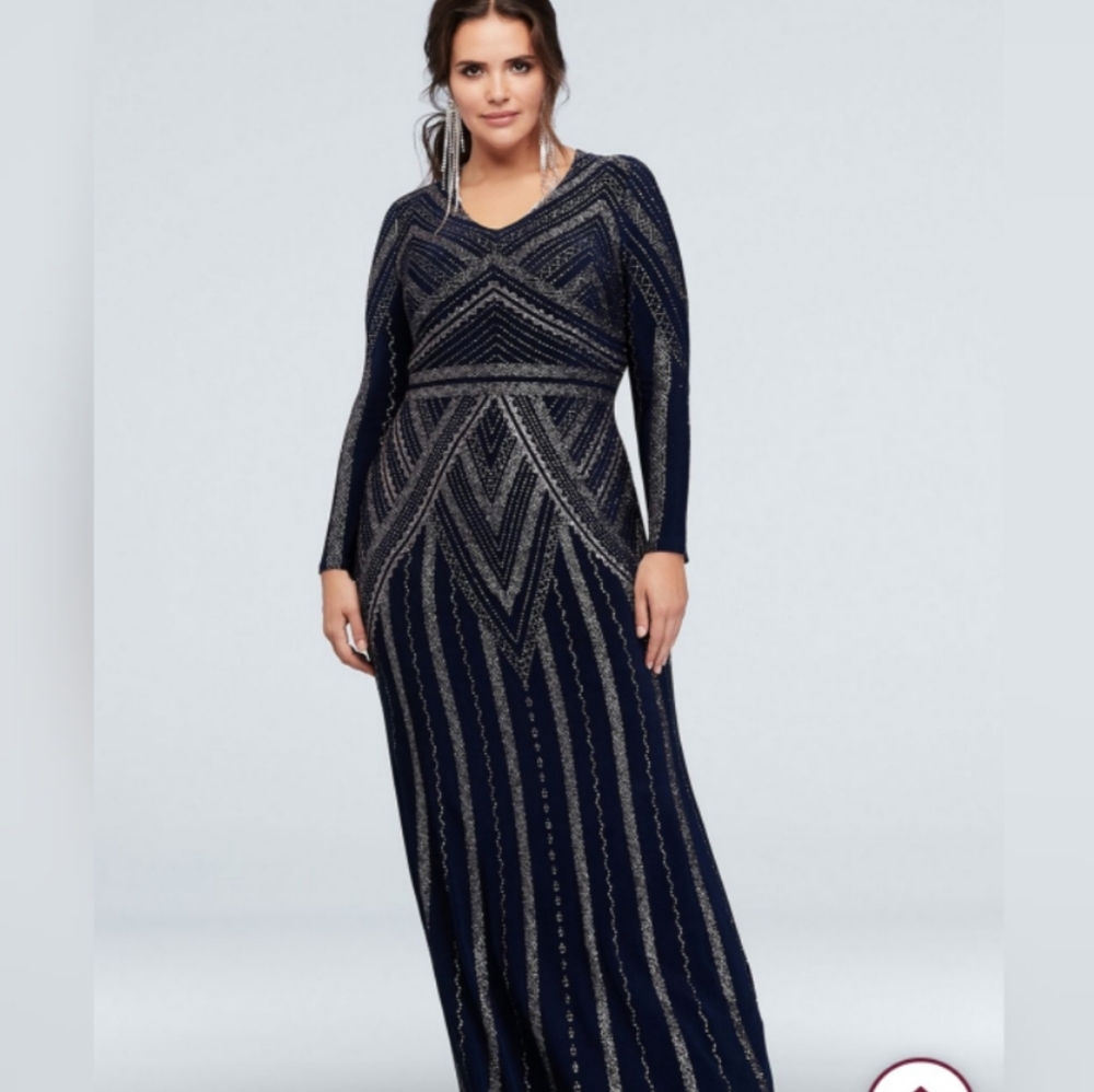 Long Sleeve Glitter Print Plus Size Sheath Gown